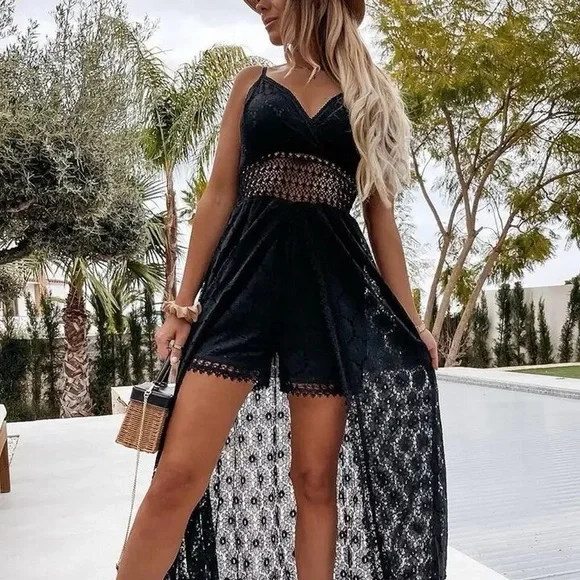 black maxi overlay romper dress V-neck spaghetti strap
